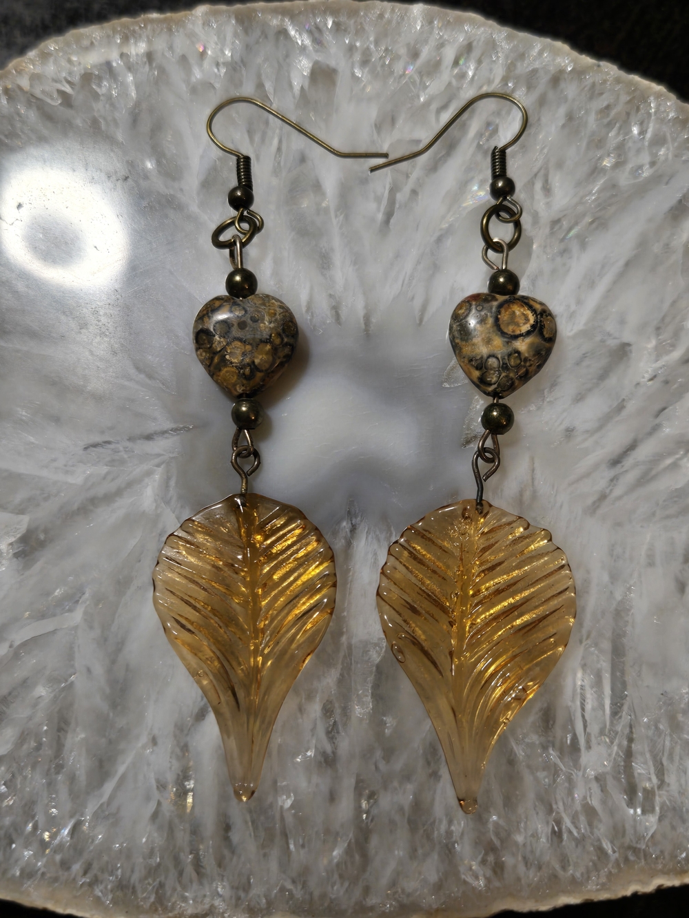 Leopard Jasper Heart And Gold Glass Leaf Dangle Earrings